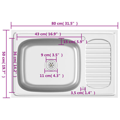 vidaXL Gootsteen met afvoerset 800x500x155 mm roestvrij staal zilver