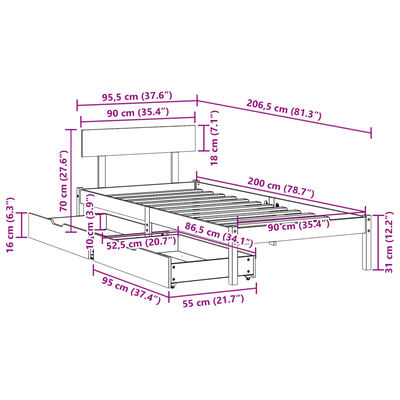 vidaXL Bedframe zonder matras massief grenenhout wit 90x200 cm