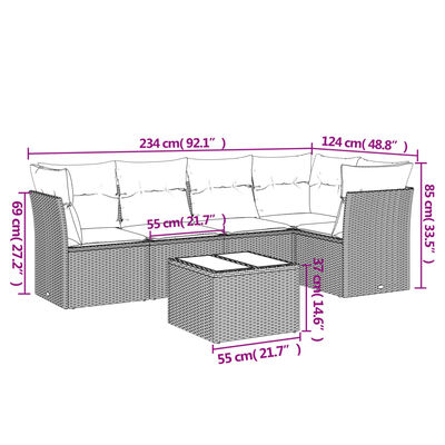 vidaXL 6-delige Loungeset met kussens poly rattan zwart