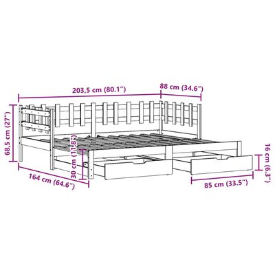 vidaXL Slaapbank met onderschuifbed en lades 80x200 cm grenenhout