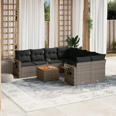 vidaXL 9-delige Loungeset met kussens poly rattan grijs