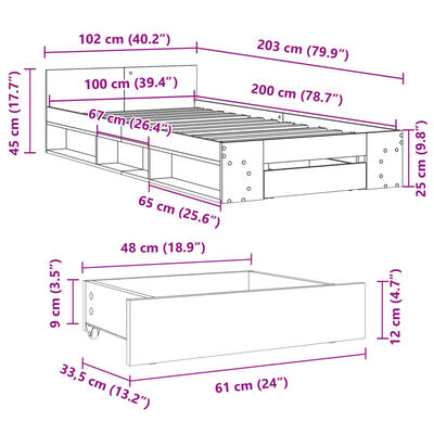 vidaXL Bedframe met lade bewerkt hout grijs sonoma eiken 100x200 cm