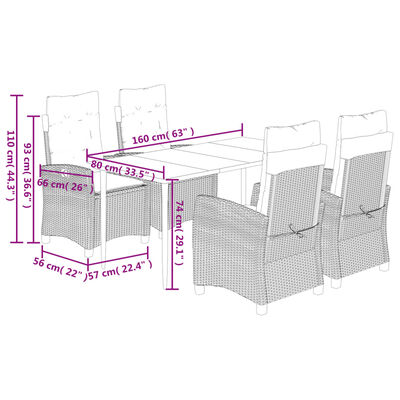 vidaXL 5-delige Tuinset met kussens poly rattan bruin