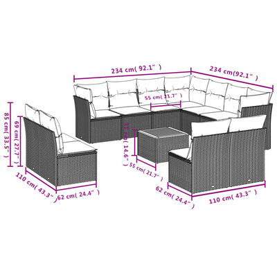 vidaXL 12-delige Loungeset met kussens poly rattan zwart