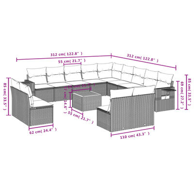 vidaXL 14-delige Loungeset met kussens poly rattan grijs