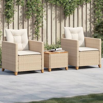 vidaXL 3-delige Bistroset met kussens poly rattan en acaciahout beige