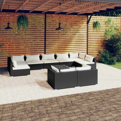 vidaXL 10-delige Loungeset met kussens poly rattan zwart