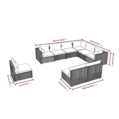 vidaXL 9-delige Loungeset met kussens poly rattan bruin