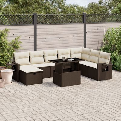 vidaXL 9-delige Loungeset met kussens poly rattan bruin