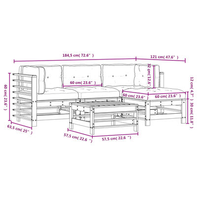 vidaXL 5-delige Loungeset met kussens massief hout zwart