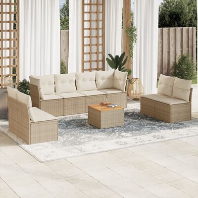 vidaXL 9-delige Loungeset met kussens poly rattan beige