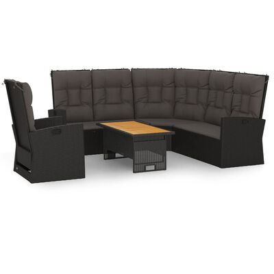 vidaXL 3-delige Loungeset met kussens poly rattan zwart