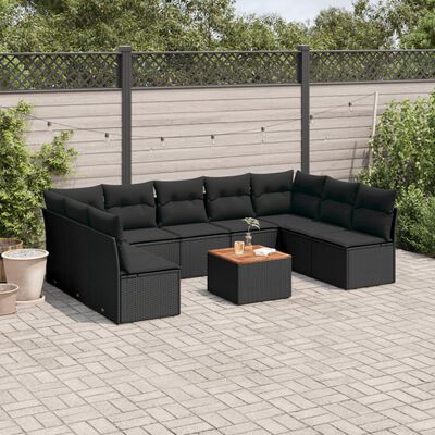 vidaXL 10-delige Loungeset met kussens poly rattan zwart