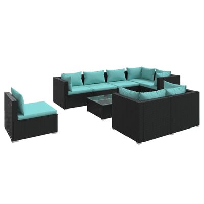 vidaXL 9-delige Loungeset met kussens poly rattan zwart