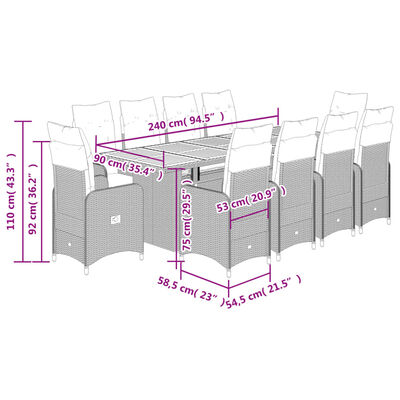 vidaXL 11-delige Bistroset met kussens poly rattan grijs