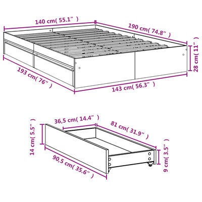 vidaXL Bedframe met lades bewerkt hout sonoma eikenkleurig 140x190 cm