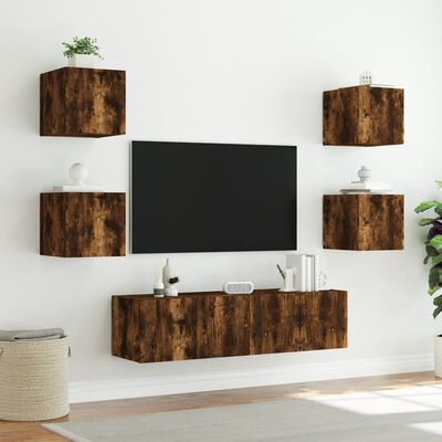 vidaXL 6-delige tv-wandmeubelset met LED bewerkt hout gerookt eiken