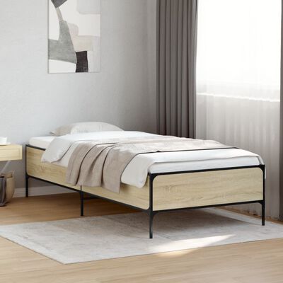 vidaXL Bedframe bewerkt hout en metaal sonoma eikenkleurig 90x200 cm