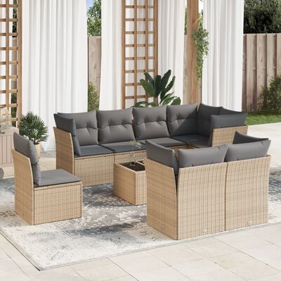 vidaXL 9-delige Loungeset met kussens poly rattan beige