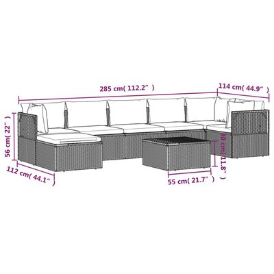 vidaXL 8-delige Loungeset met kussens poly rattan grijs