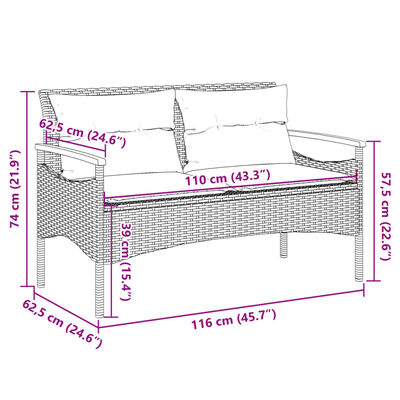 vidaXL Tuinbank met kussens 116x62,5x74 cm poly rattan zwart