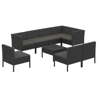 vidaXL 9-delige Loungeset met kussens poly rattan zwart