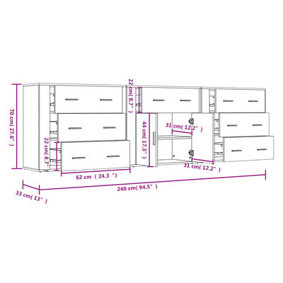 vidaXL Dressoirs 3 st bewerkt hout wit