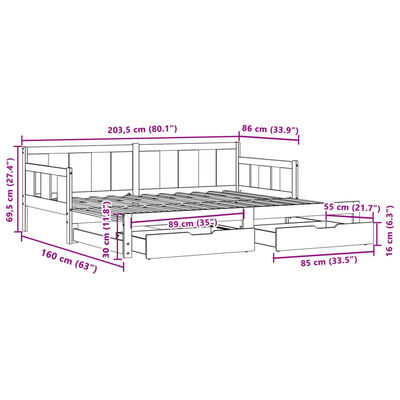 vidaXL Slaapbank met onderschuifbed en lades 80x200 cm grenenhout