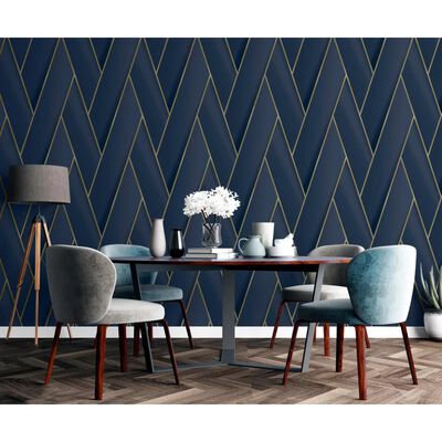 DUTCH WALLCOVERINGS Behang Geometric blauw en goudkleurig