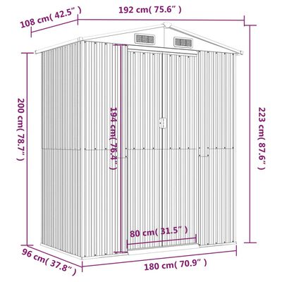 vidaXL Tuinschuur 192x108x223 cm gegalvaniseerd staal lichtgrijs