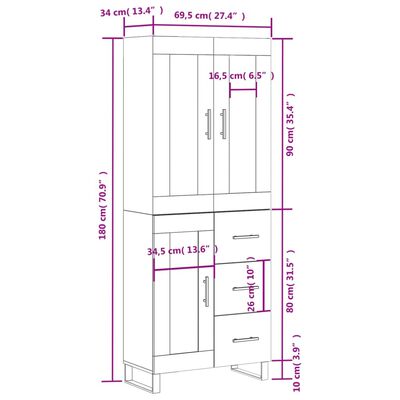 vidaXL Hoge kast 69,5x34x180 cm bewerkt hout bruin eikenkleur