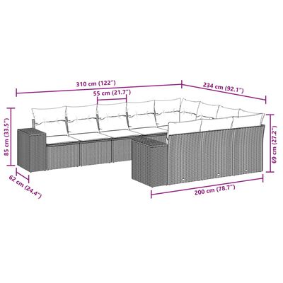 vidaXL 10-delige Loungeset met kussens poly rattan grijs