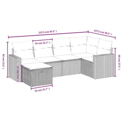 vidaXL 6-delige Loungeset met kussens poly rattan grijs