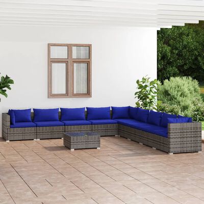 vidaXL 10-delige Loungeset met kussens poly rattan grijs