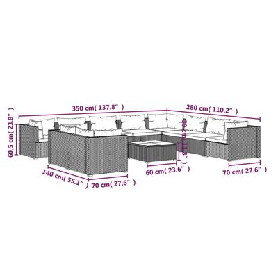 vidaXL 11-delige Loungeset met kussens poly rattan zwart