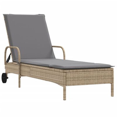 vidaXL Ligbed met wielen en kussen poly rattan beige