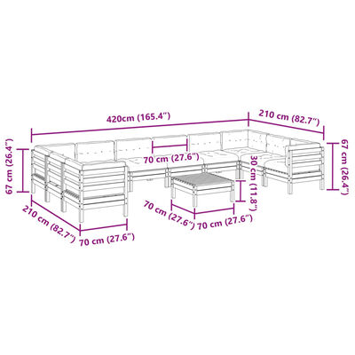 vidaXL 11-delige Loungeset met kussens massief grenenhout wasbruin