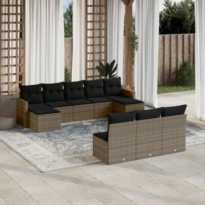 vidaXL 10-delige Loungeset met kussens poly rattan grijs