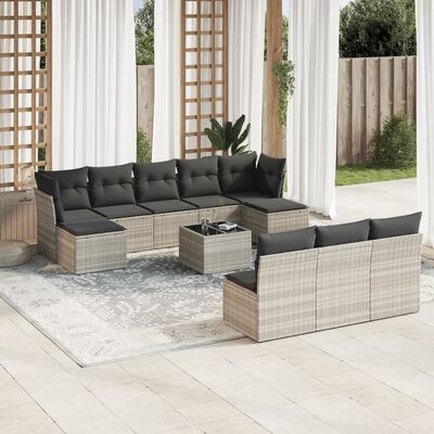 vidaXL 11-delige Loungeset met kussens poly rattan lichtgrijs