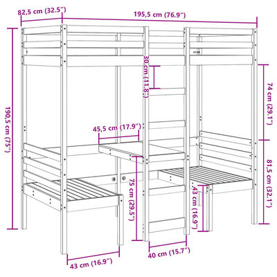 vidaXL Hoogslaper met bureau en stoelen grenenhout wit 75x190 cm