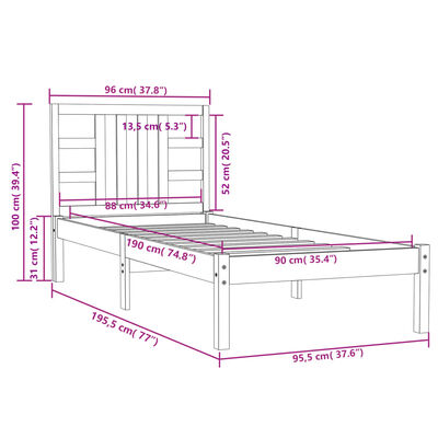 vidaXL Bedframe massief hout wit 90x190 cm