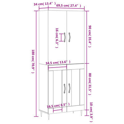 vidaXL Hoge kast 69,5x34x180 cm bewerkt hout wit