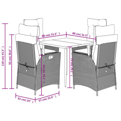 vidaXL 5-delige Tuinset met kussens poly rattan zwart