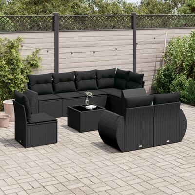 vidaXL 9-delige Loungeset met kussens poly rattan zwart