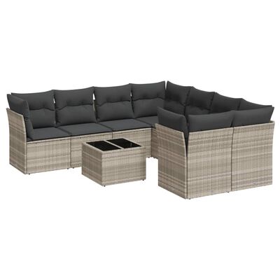 vidaXL 9-delige Loungeset met kussens poly rattan lichtgrijs