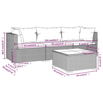 vidaXL 4-delige Loungeset met kussens poly rattan bruin