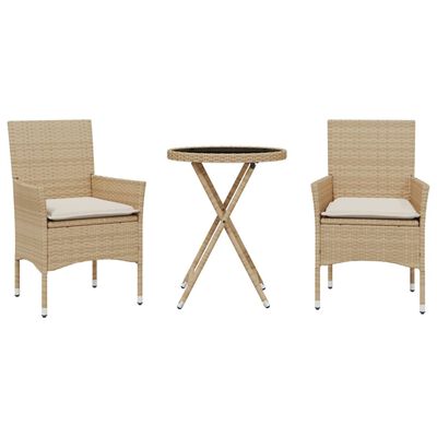 vidaXL 3-delige Bistroset met kussens poly rattan en glas beige