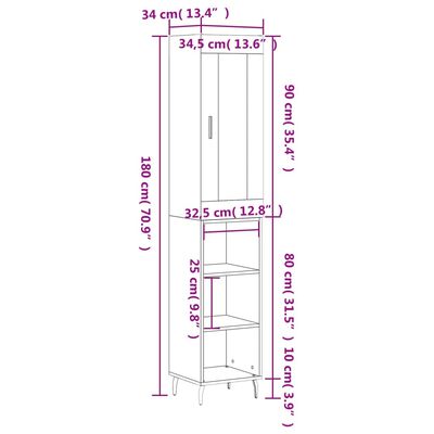 vidaXL Hoge kast 34,5x34x180 cm bewerkt hout gerookt eikenkleurig