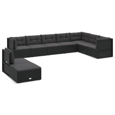 vidaXL 9-delige Loungeset met kussens poly rattan zwart