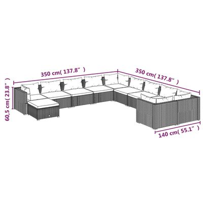 vidaXL 11-delige Loungeset met kussens poly rattan grijs